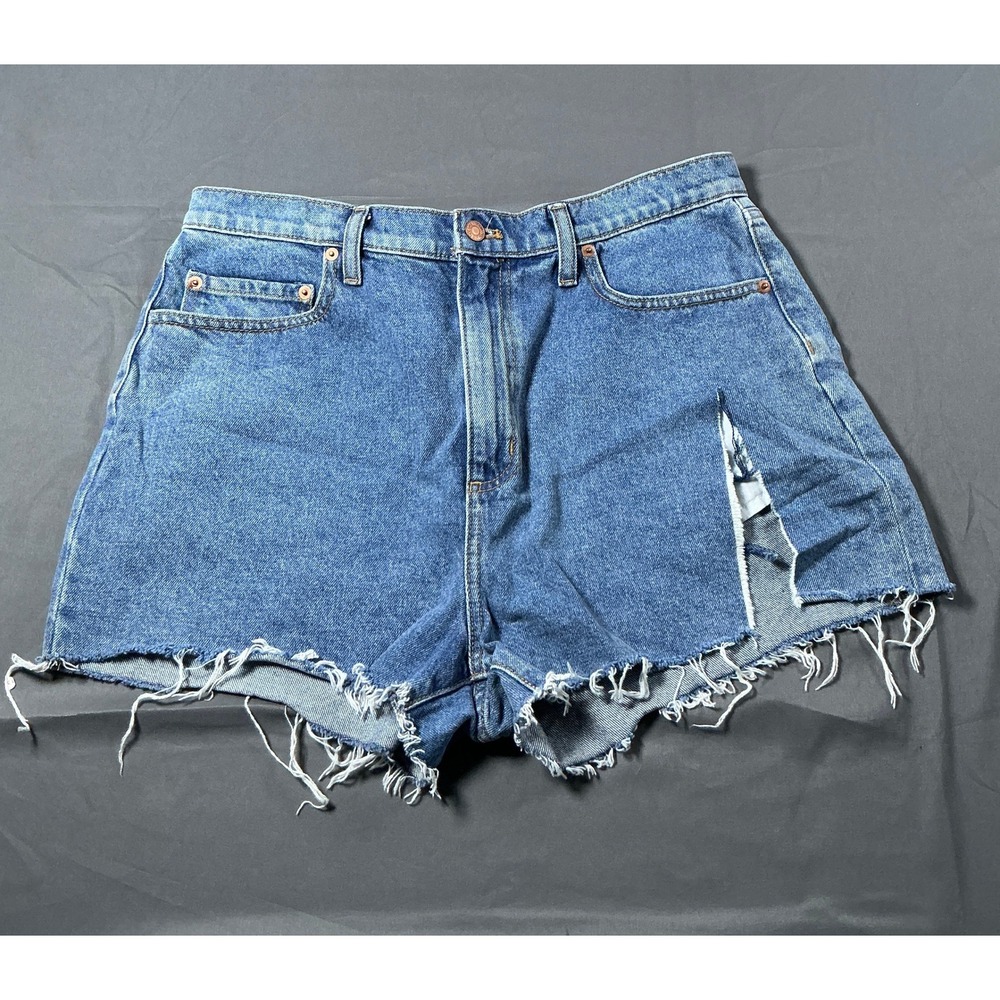 Pink Victorias Secret Denim Short Blue Distressed Raw Hem High Waist Sz 31 US 12